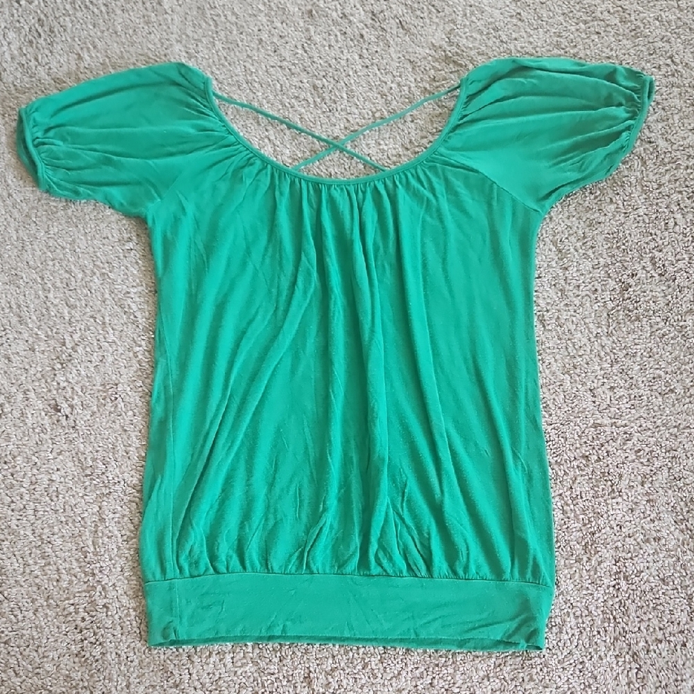 Body Central Vibrant Green Blouse with Cross-Back